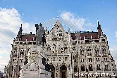 Statue of Grof Andrassy Gyula in front of the Hungarian Parliament Editorial Stock Photo